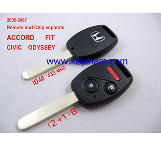 2005-2007 Honda ID46 дистанционного ключа (2 +1) кнопки и чип отдельный ACCORD FIT CIVIC 433MHZ ODYSSEY