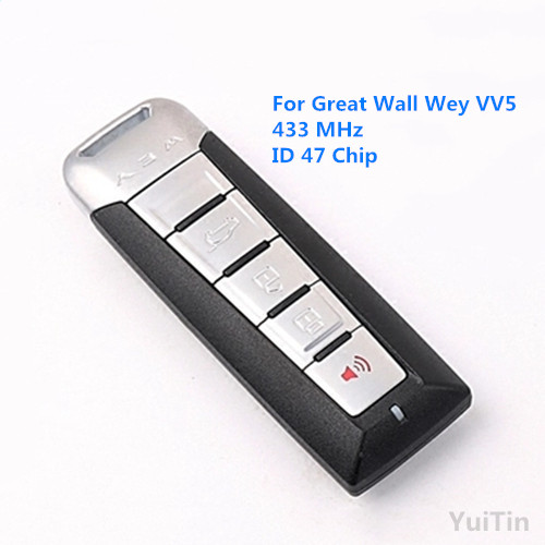 5 Buttons 433MHz Replacement Remote Key For Great Wall Wey VV5 With ID47 Chip Uncut Blade 